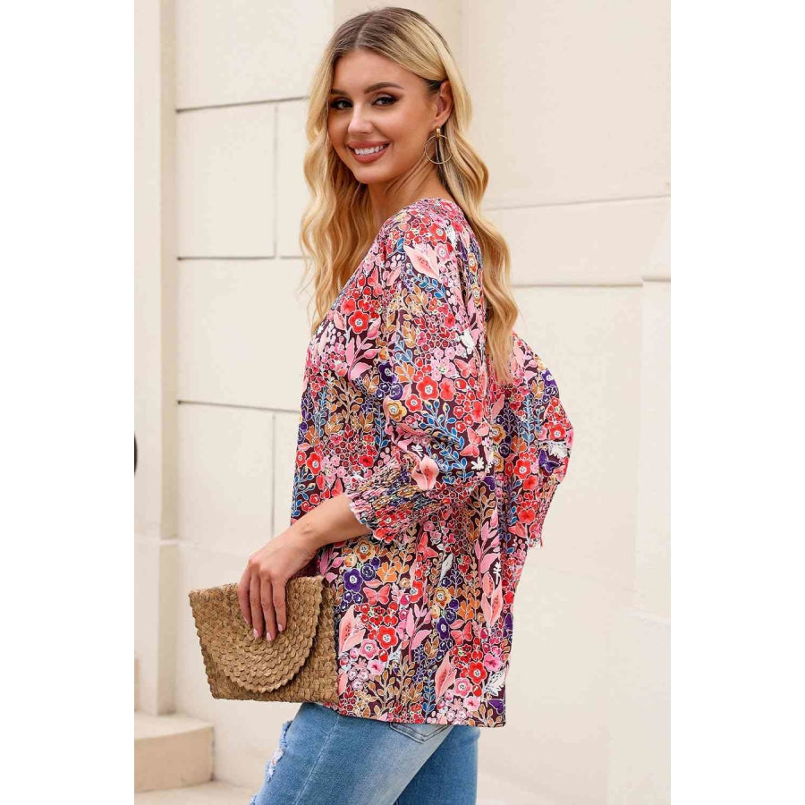 Double Take Floral Round Neck Three-Quarter Sleeve Top Apparel and Accessories