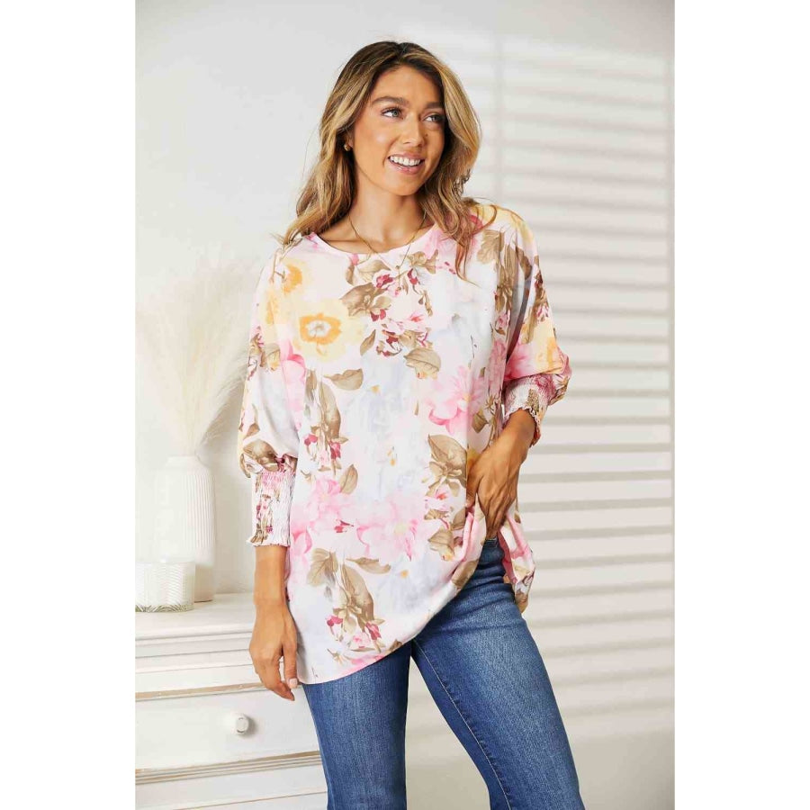 Double Take Floral Round Neck Three-Quarter Sleeve Top Blush Pink / S Apparel and Accessories