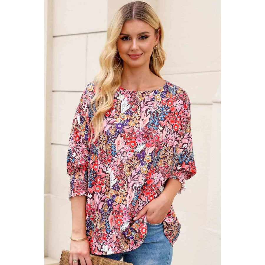Double Take Floral Round Neck Three-Quarter Sleeve Top Floral / S Apparel and Accessories