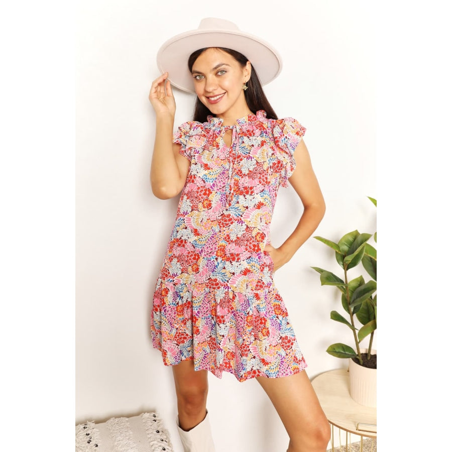 Double Take Floral Tie Neck Cap Sleeve Dress Floral / S