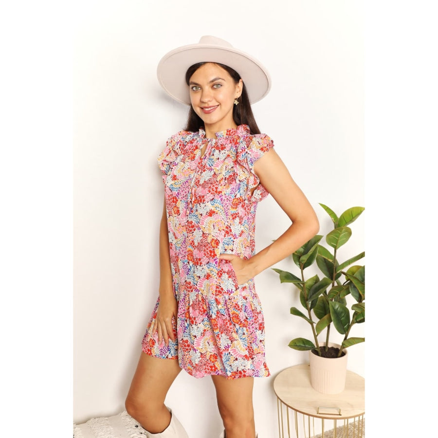 Double Take Floral Tie Neck Cap Sleeve Dress