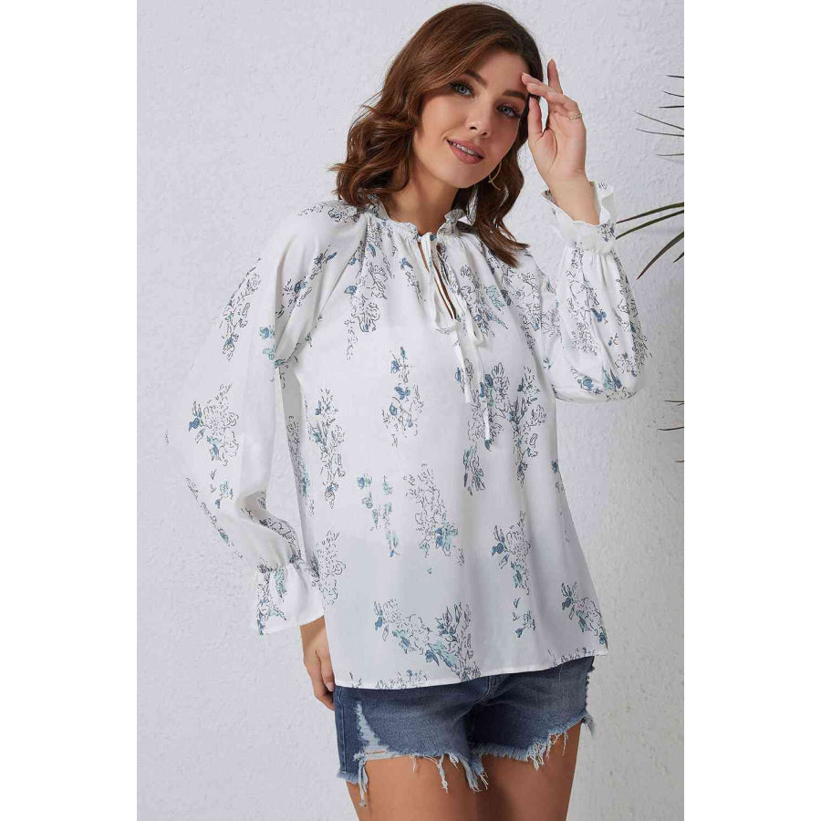 Double Take Floral Tie Neck Flounce Sleeve Blouse Apparel and Accessories