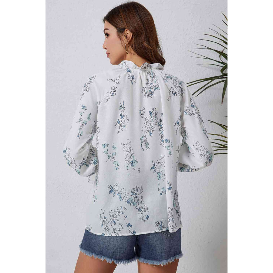 Double Take Floral Tie Neck Flounce Sleeve Blouse Apparel and Accessories