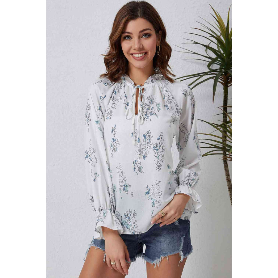 Double Take Floral Tie Neck Flounce Sleeve Blouse / S Apparel and Accessories