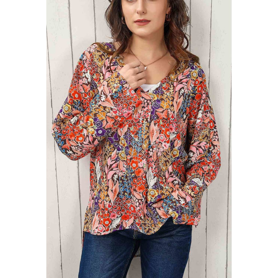 Double Take Floral V-Neck Long Sleeve Blouse Floral / S Shirts &amp; Tops