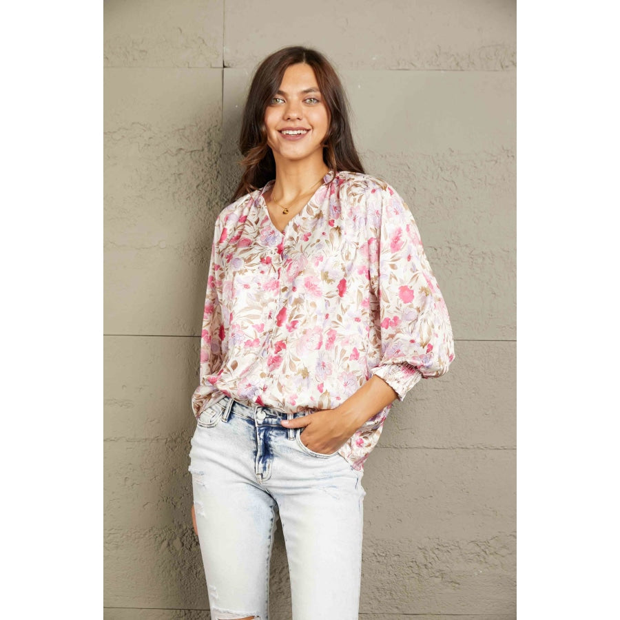 Double Take Floral V-Neck Long Sleeve Shirt Apparel and Accessories