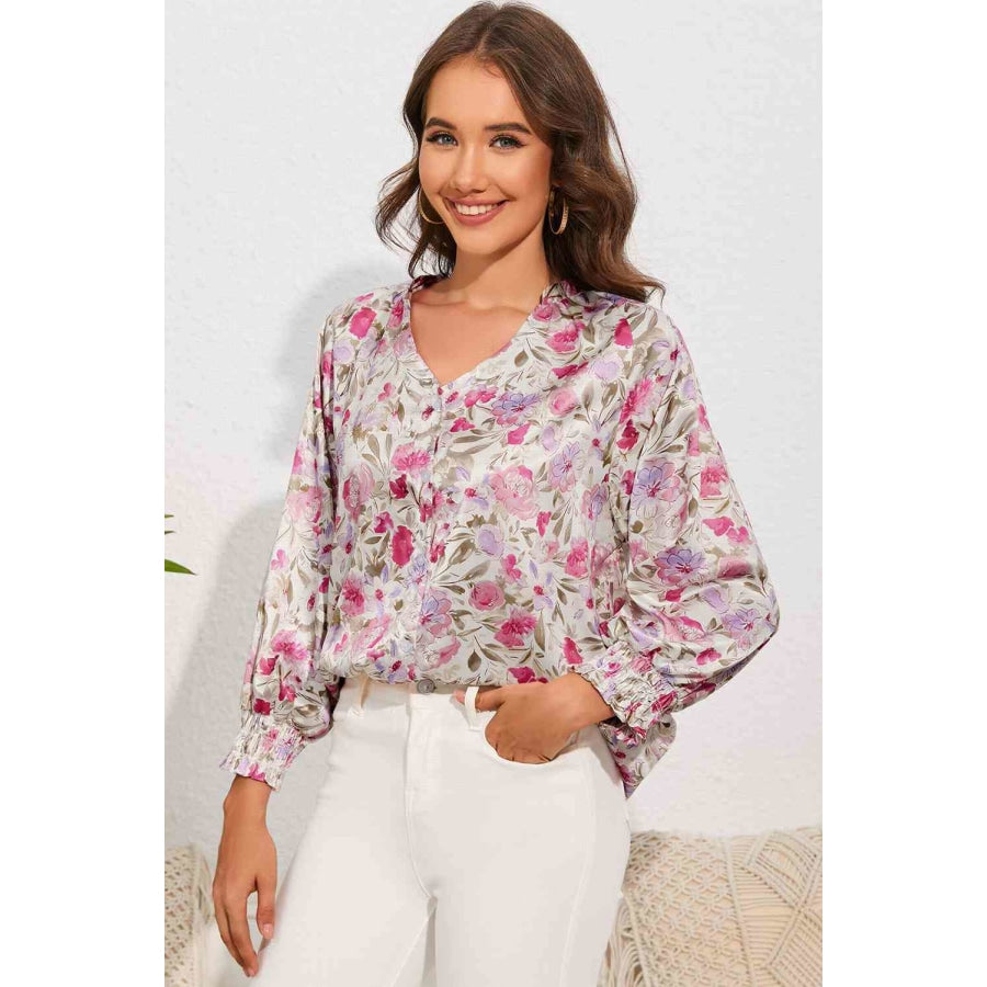 Double Take Floral V-Neck Long Sleeve Shirt Floral / S Apparel and Accessories