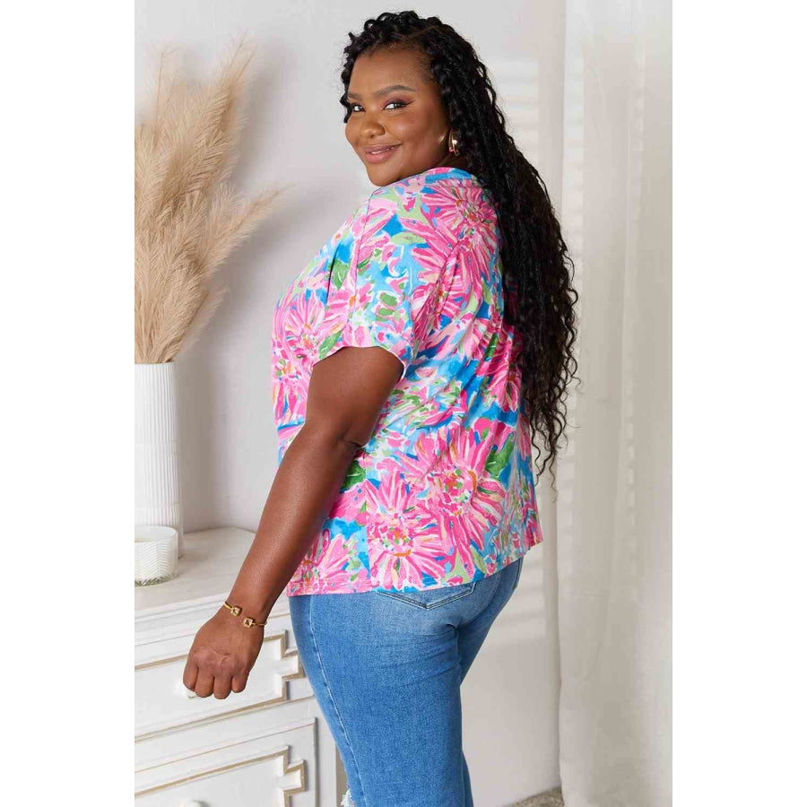 Double Take Floral V-Neck Short Sleeve Blouse Fuchsia Pink / S Apparel and Accessories