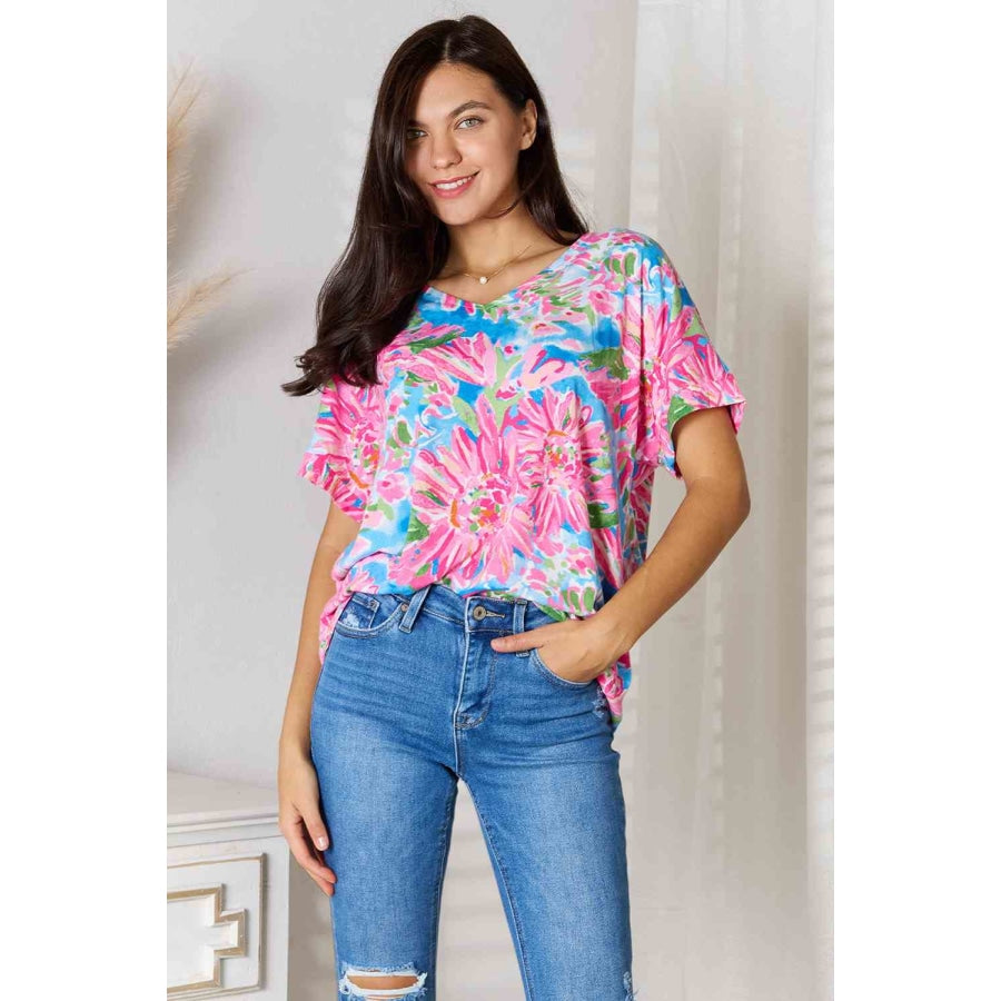 Double Take Floral V-Neck Short Sleeve Blouse Apparel and Accessories