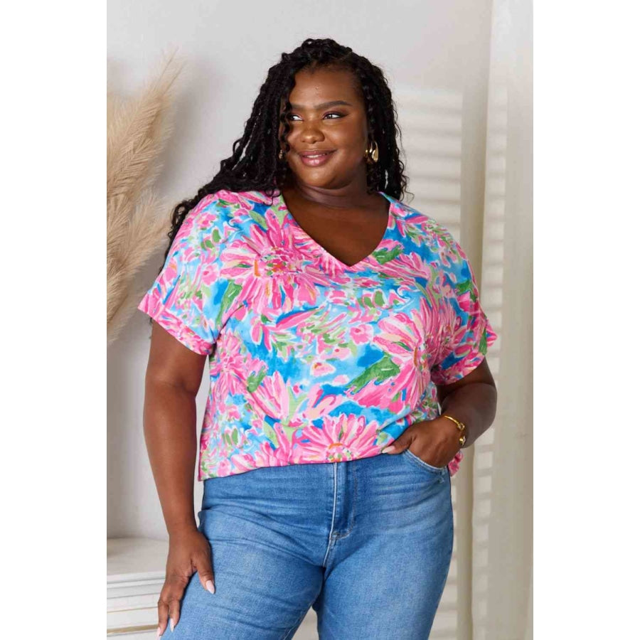 Double Take Floral V-Neck Short Sleeve Blouse Fuchsia Pink / S Apparel and Accessories