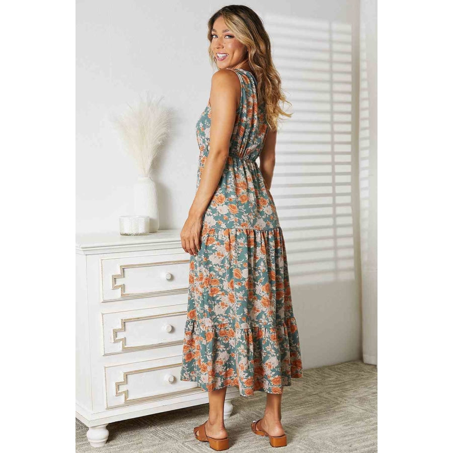 Double Take Floral V-Neck Tiered Sleeveless Dress Floral / S Apparel and Accessories