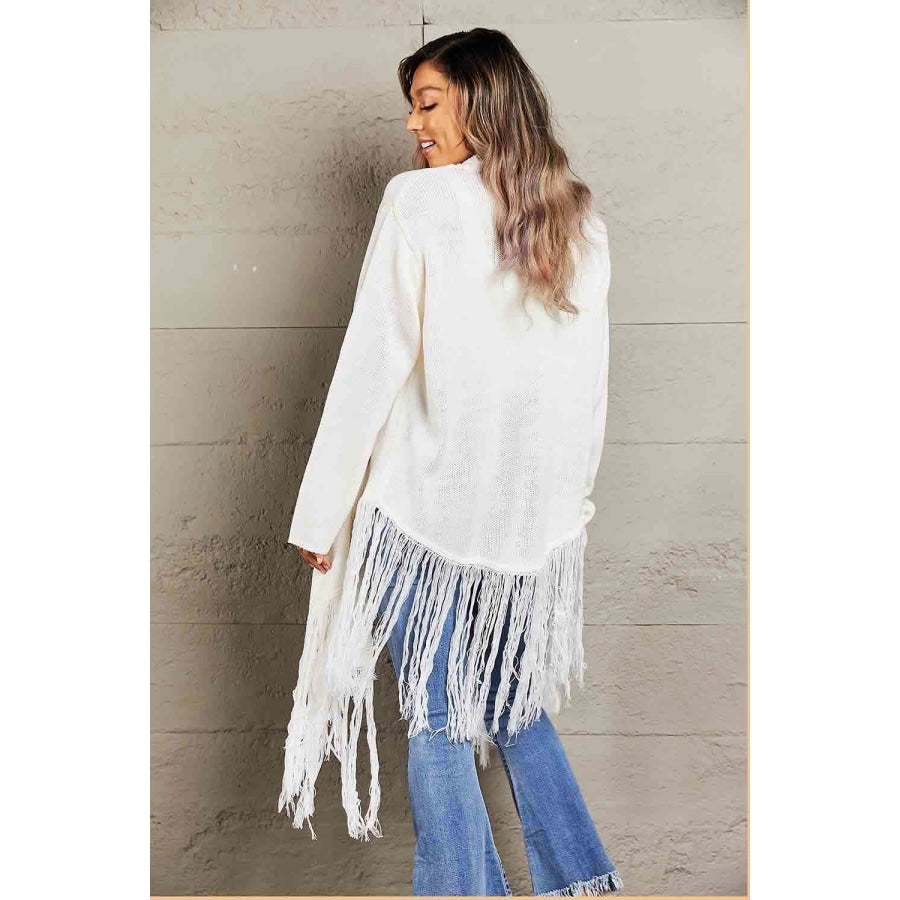 Double Take Fringe Hem Open Front Ribbed Trim Cardigan White / S Apparel and Accessories