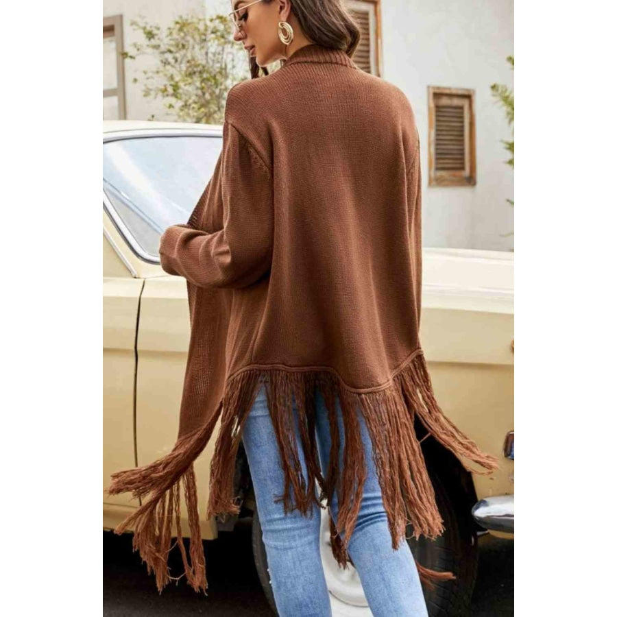 Double Take Fringe Hem Open Front Ribbed Trim Cardigan Apparel and Accessories