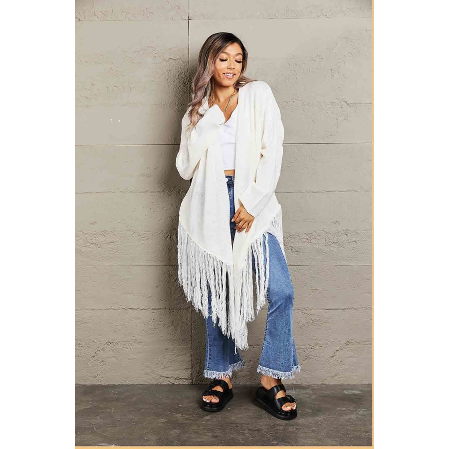 Double Take Fringe Hem Open Front Ribbed Trim Cardigan Apparel and Accessories