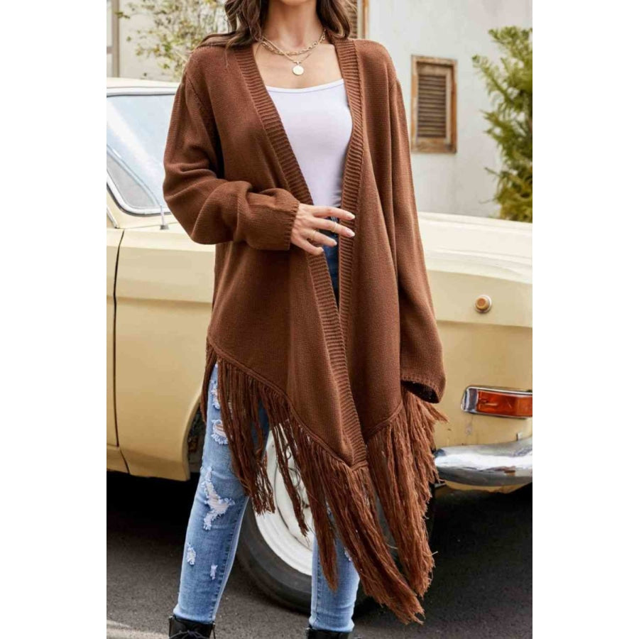 Double Take Fringe Hem Open Front Ribbed Trim Cardigan Brown / S Apparel and Accessories