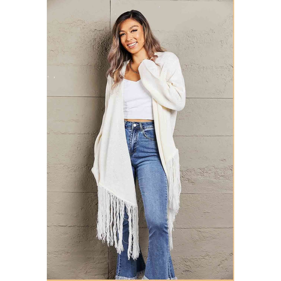 Double Take Fringe Hem Open Front Ribbed Trim Cardigan White / S Apparel and Accessories