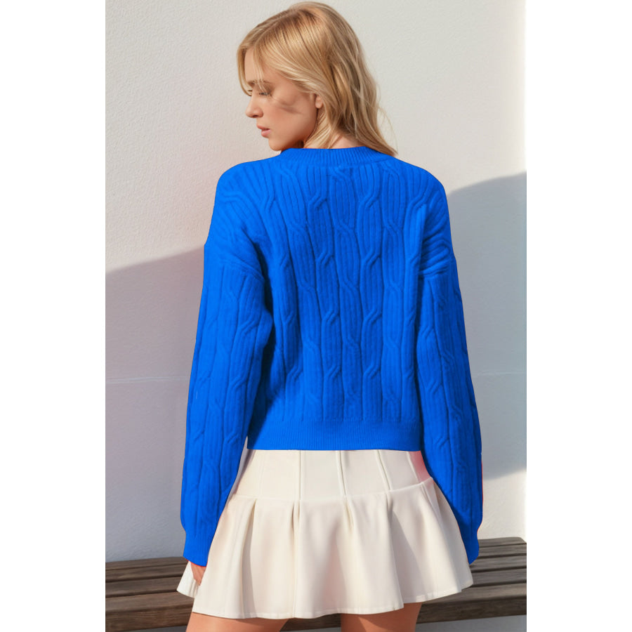 Double Take Full Size Bow Cable-Knit Round Neck Sweater Blue / S/M Apparel and Accessories