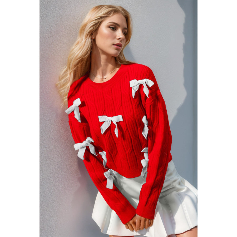 Double Take Full Size Bow Cable-Knit Round Neck Sweater Red / L/XL Apparel and Accessories