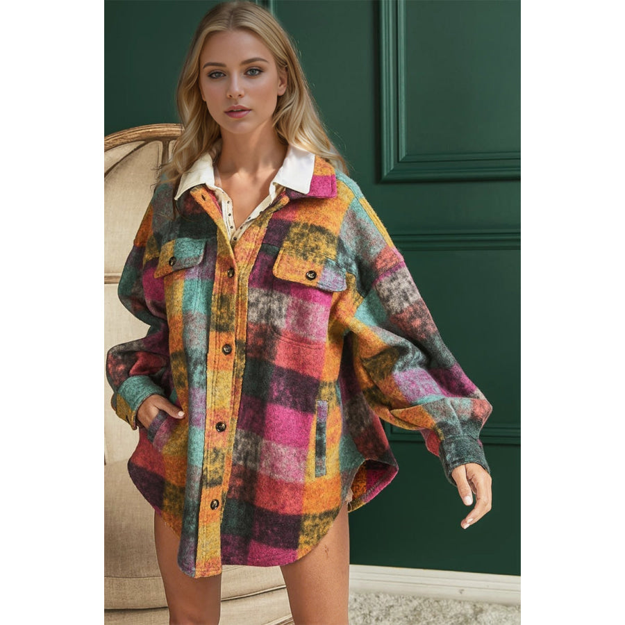 Double Take Full Size Button Up Plaid Shacket with Pockets Multicolored / S Apparel and Accessories