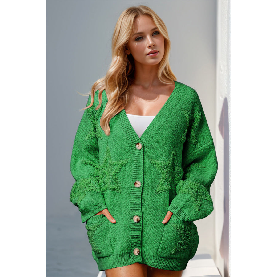 Double Take Full Size Button Up Star Pattern Cardigan Green / S/M Apparel and Accessories