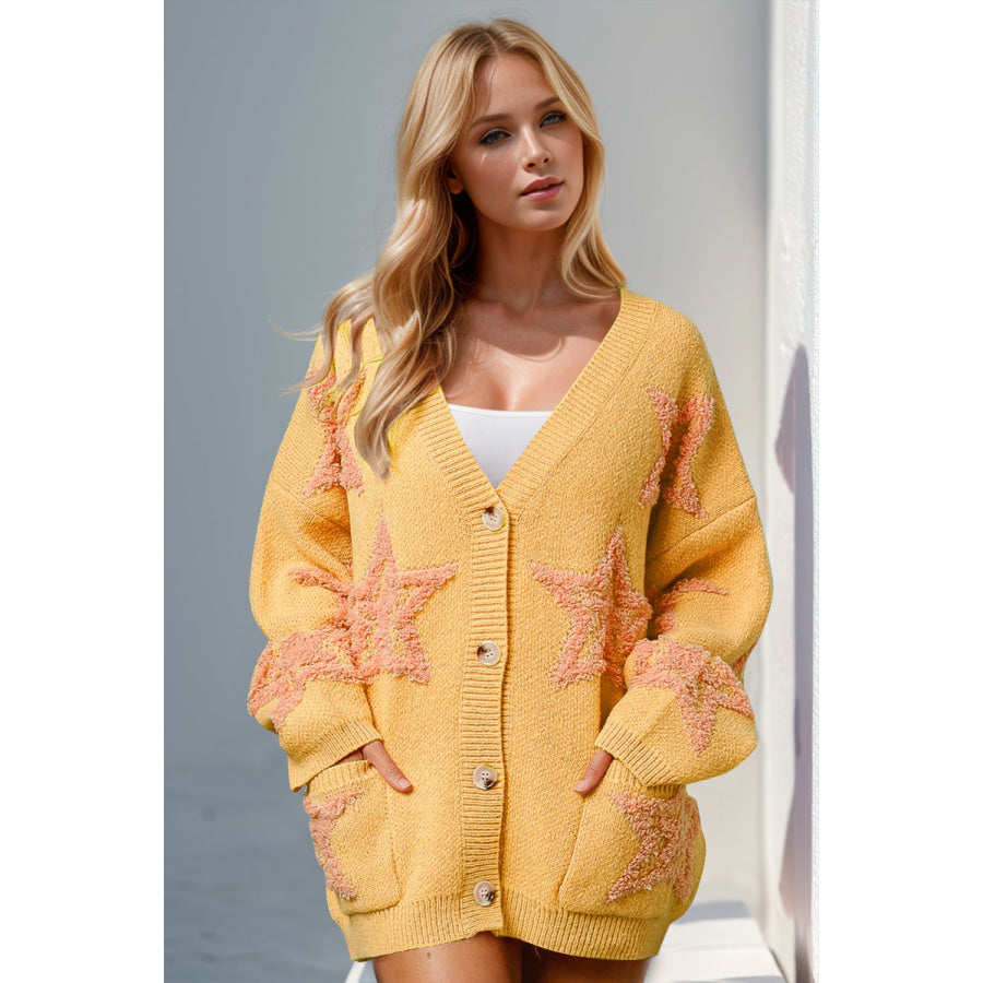 Double Take Full Size Button Up Star Pattern Cardigan Yellow / S/M Apparel and Accessories