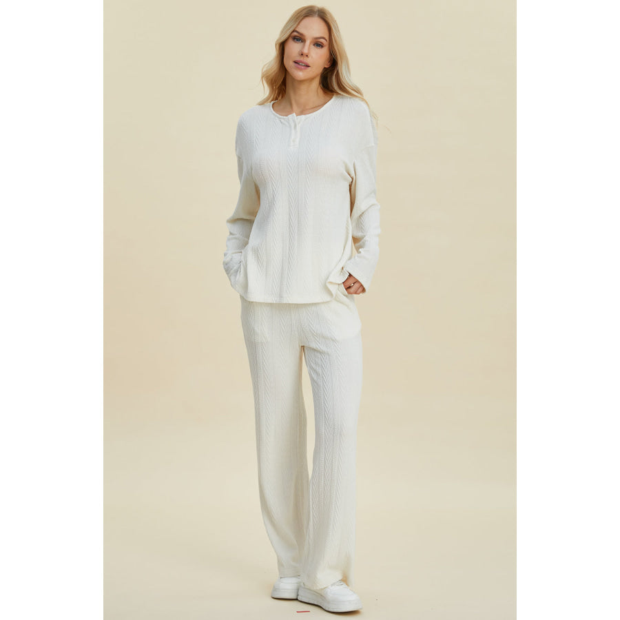 Double Take Full Size Cable-Knit Long Sleeve Top and Pants Set Apparel and Accessories