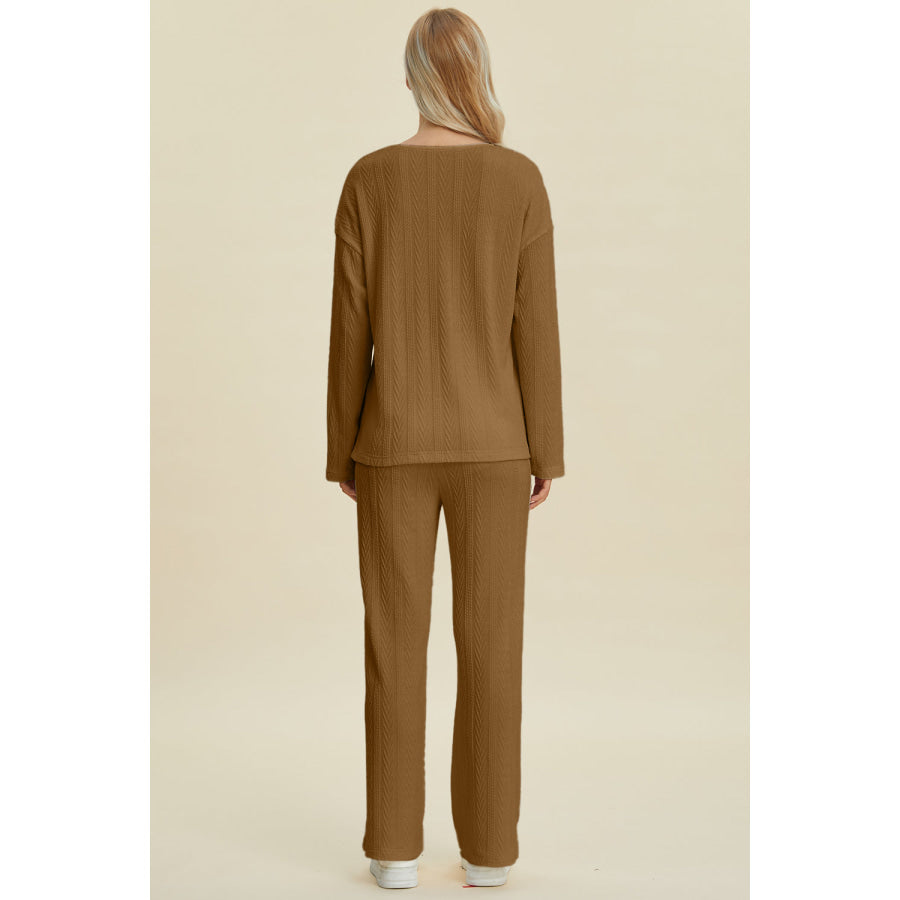 Double Take Full Size Cable-Knit Long Sleeve Top and Pants Set Apparel and Accessories