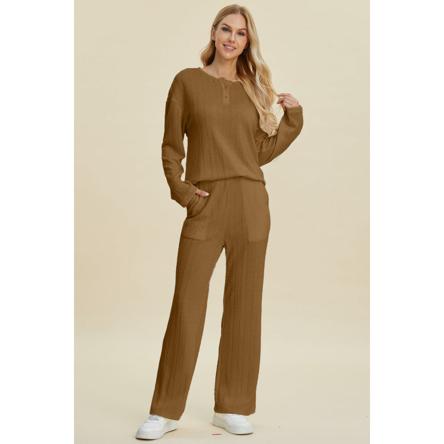 Double Take Full Size Cable-Knit Long Sleeve Top and Pants Set Apparel and Accessories