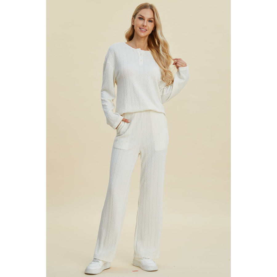 Double Take Full Size Cable-Knit Long Sleeve Top and Pants Set Apparel and Accessories