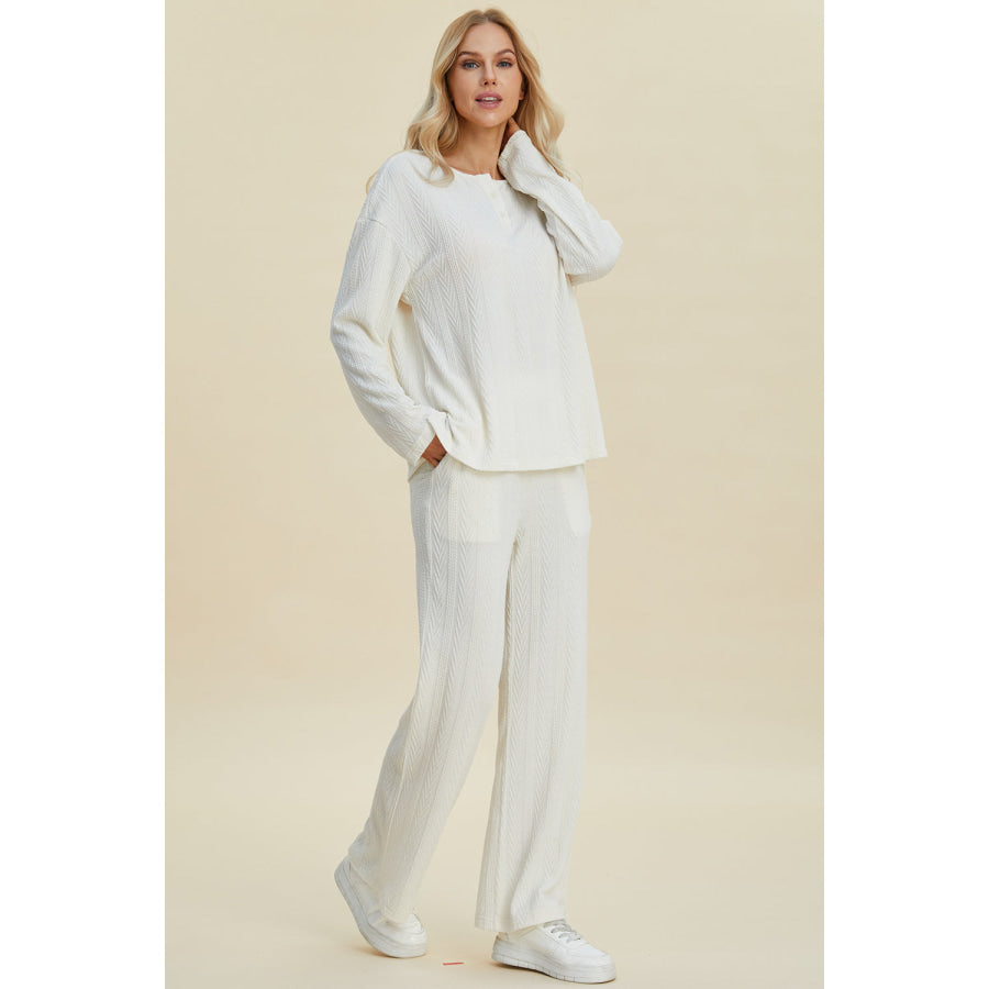 Double Take Full Size Cable-Knit Long Sleeve Top and Pants Set Apparel and Accessories