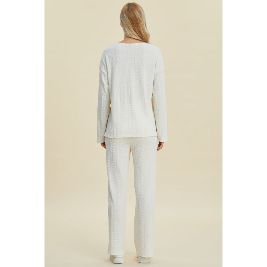 Double Take Full Size Cable-Knit Long Sleeve Top and Pants Set Apparel and Accessories