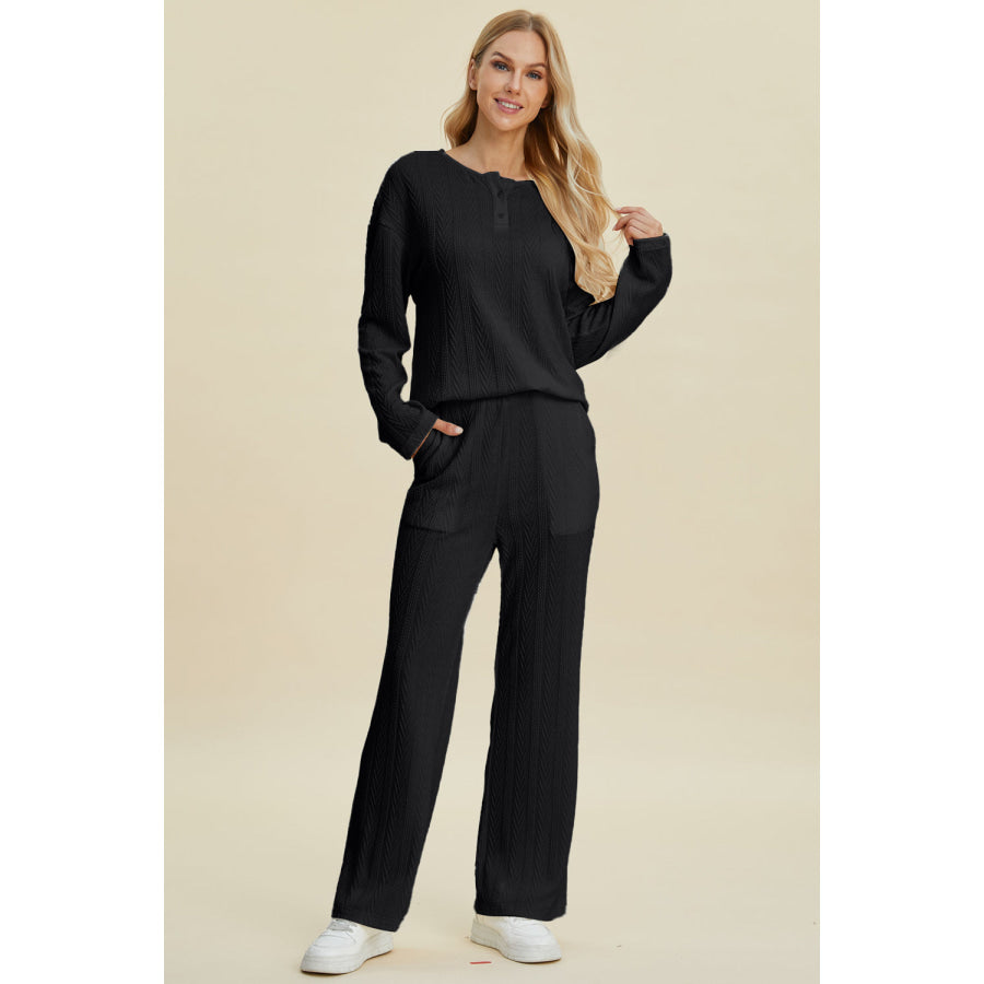 Double Take Full Size Cable-Knit Long Sleeve Top and Pants Set Apparel and Accessories