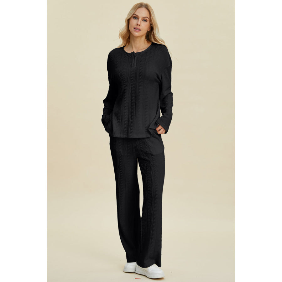 Double Take Full Size Cable-Knit Long Sleeve Top and Pants Set Black / S Apparel and Accessories