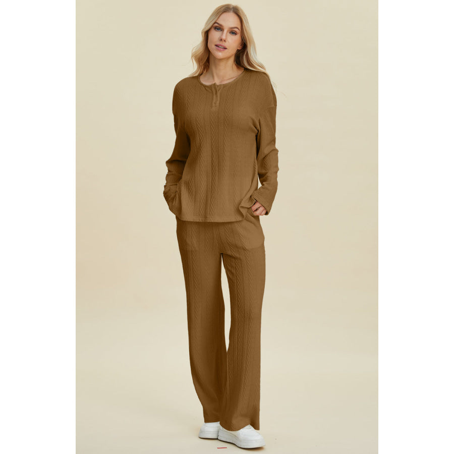 Double Take Full Size Cable-Knit Long Sleeve Top and Pants Set Camel / S Apparel and Accessories