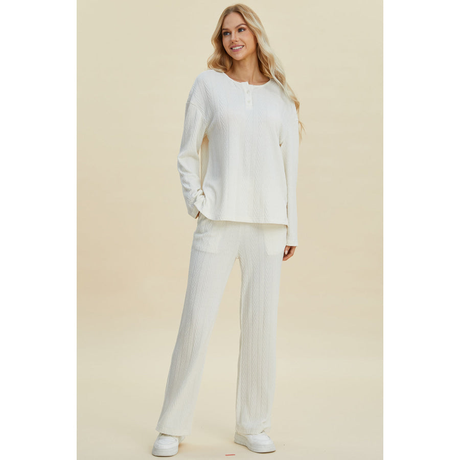 Double Take Full Size Cable-Knit Long Sleeve Top and Pants Set White / S Apparel and Accessories