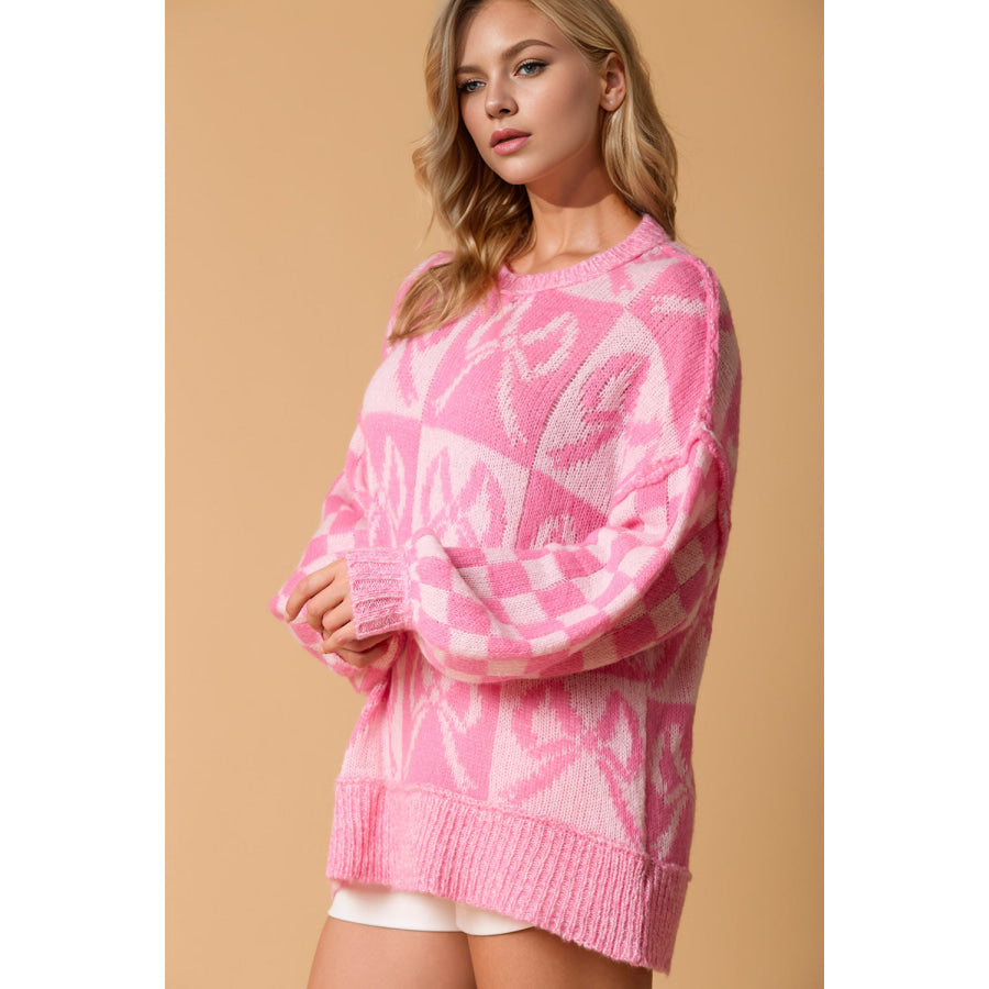 Double Take Full Size Checkered Bow Contrast Long Sleeve Sweater Pink / S/M Apparel and Accessories