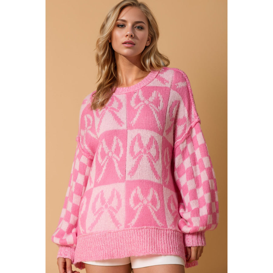 Double Take Full Size Checkered Bow Contrast Long Sleeve Sweater Pink / S/M Apparel and Accessories