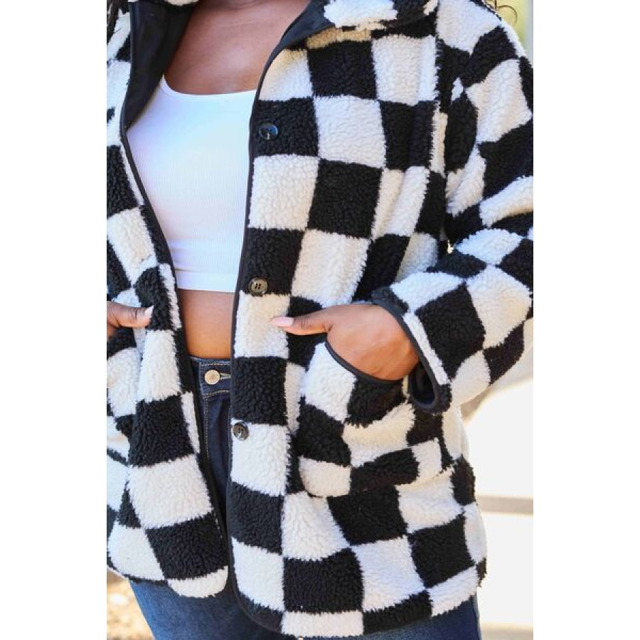 Double Take Full Size Checkered Button Front Coat with Pockets Sweater