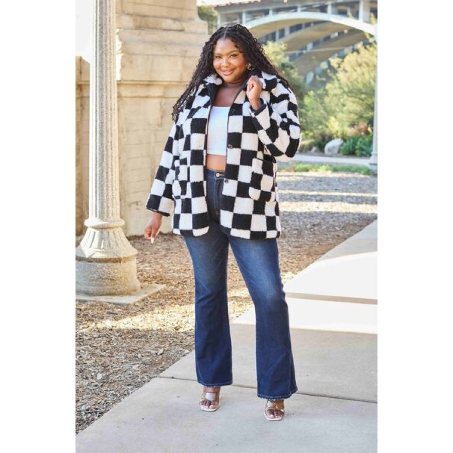 Double Take Full Size Checkered Button Front Coat with Pockets Sweater
