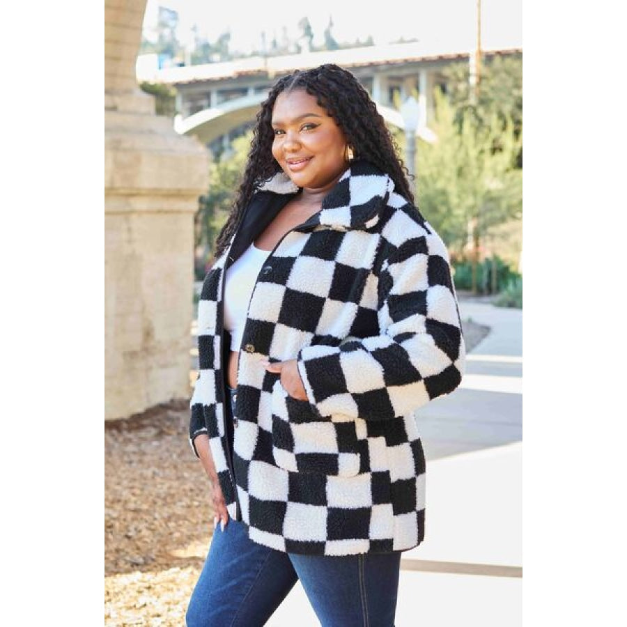 Double Take Full Size Checkered Button Front Coat with Pockets Sweater