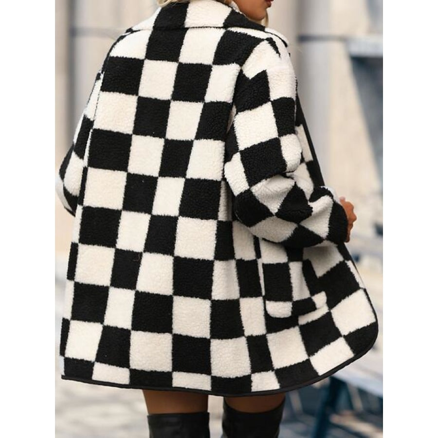 Double Take Full Size Checkered Button Front Coat with Pockets Sweater