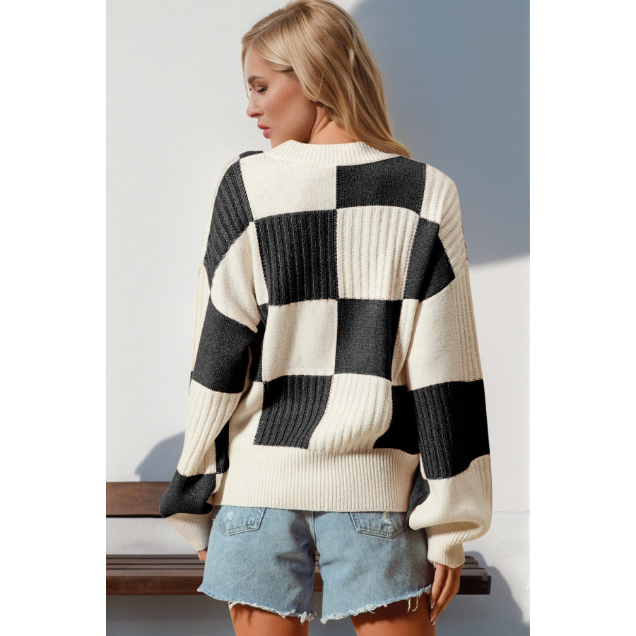 Double Take Full Size Checkered Dropped Shoulder Cardigan Apparel and Accessories