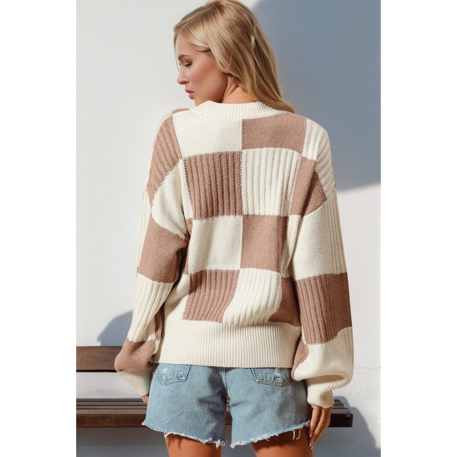 Double Take Full Size Checkered Dropped Shoulder Cardigan Mocha / S/M Apparel and Accessories