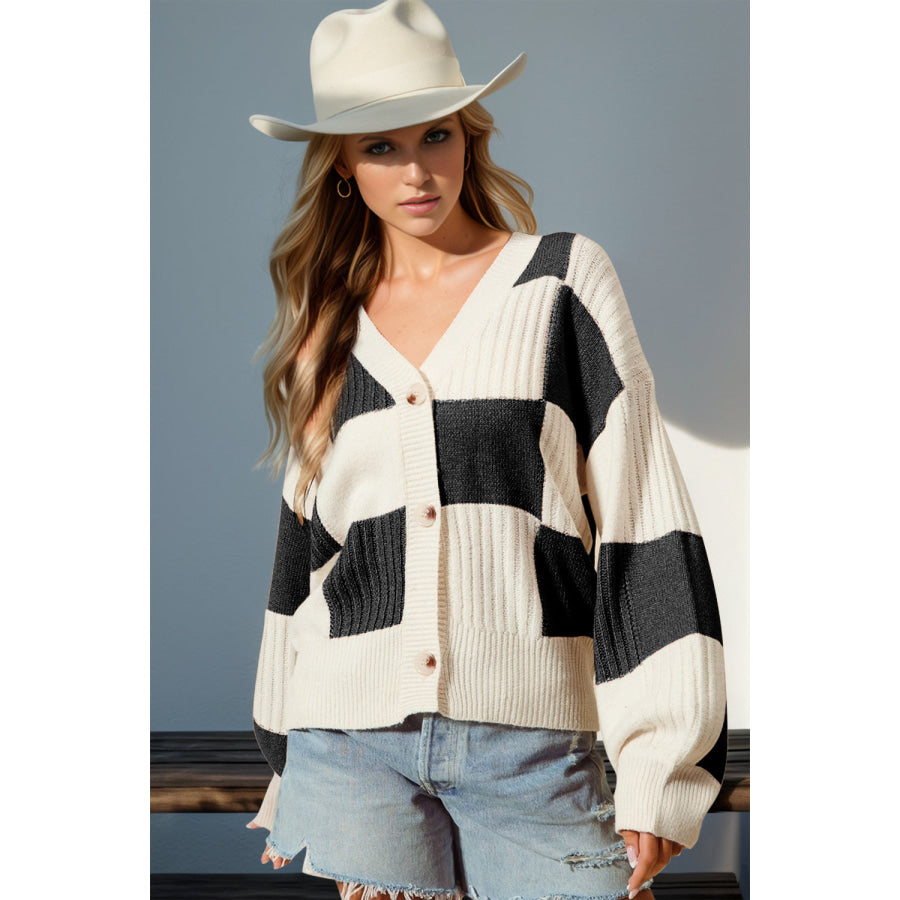 Double Take Full Size Checkered Dropped Shoulder Cardigan Black / S/M Apparel and Accessories