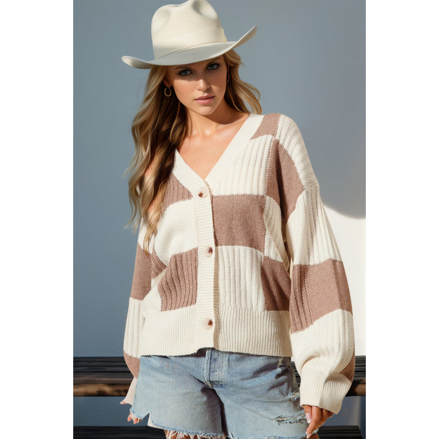 Double Take Full Size Checkered Dropped Shoulder Cardigan Mocha / S/M Apparel and Accessories