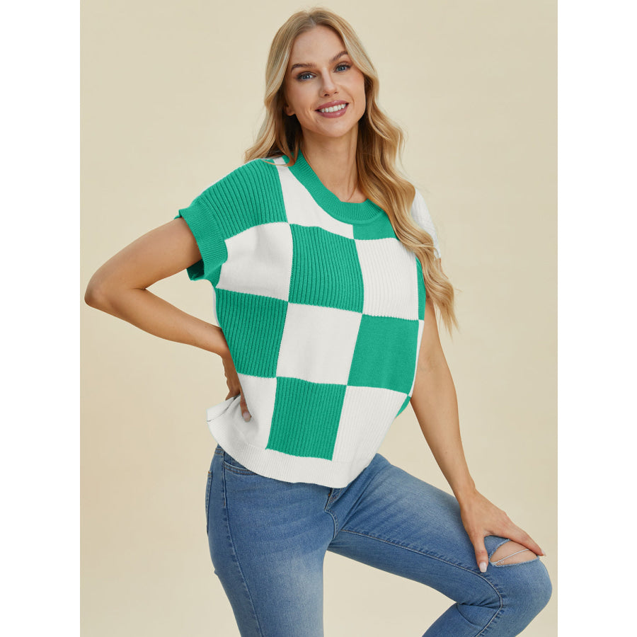 Double Take Full Size Checkered Round Neck Short Sleeve Sweater Apparel and Accessories