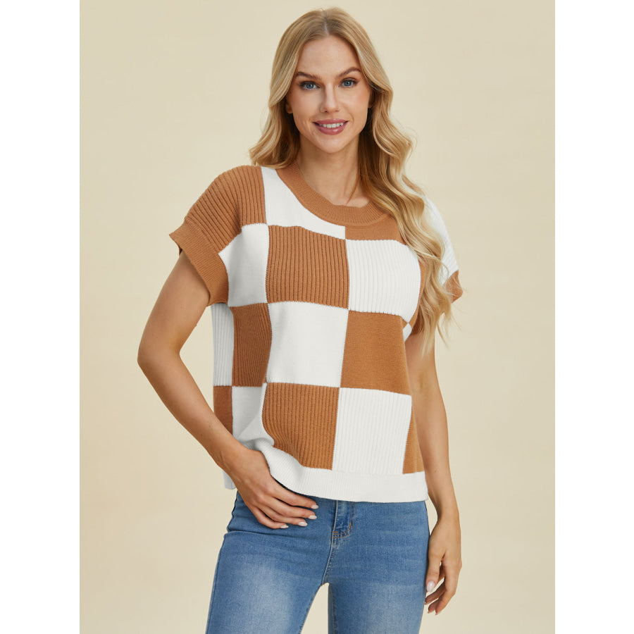 Double Take Full Size Checkered Round Neck Short Sleeve Sweater Apparel and Accessories