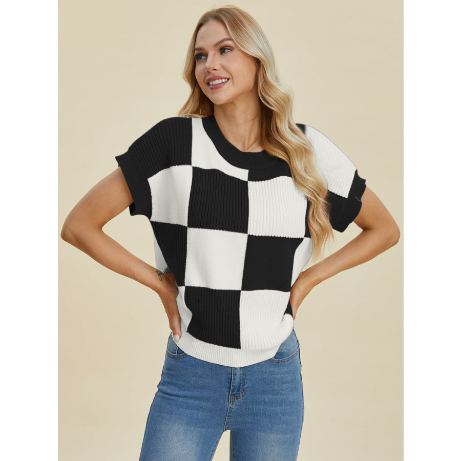 Double Take Full Size Checkered Round Neck Short Sleeve Sweater Apparel and Accessories