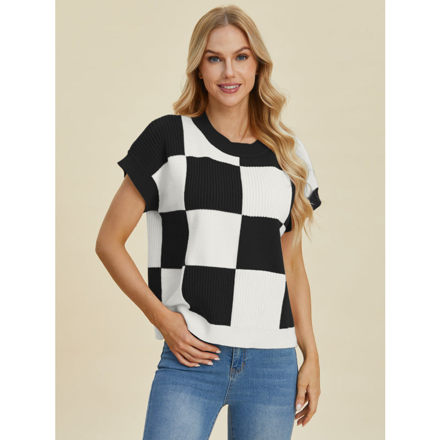 Double Take Full Size Checkered Round Neck Short Sleeve Sweater Apparel and Accessories