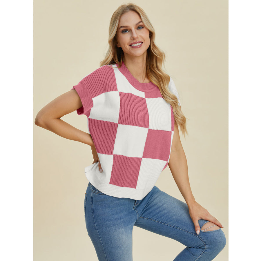 Double Take Full Size Checkered Round Neck Short Sleeve Sweater Apparel and Accessories